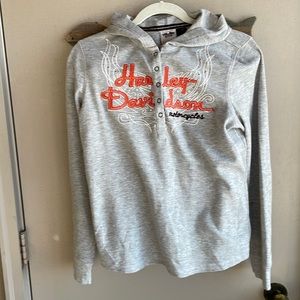 Harley Davidson authentic Large long sleeve shirt w/ hood. Gray w orange accents
